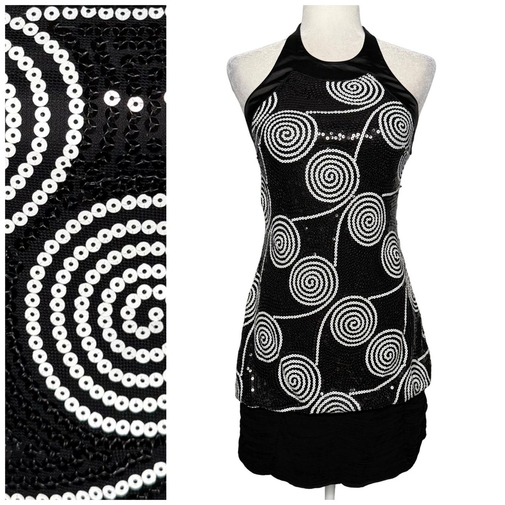 Caché Size 4 Vintage Black White Sequined Beaded Halter Mini Dress Ruched Lined